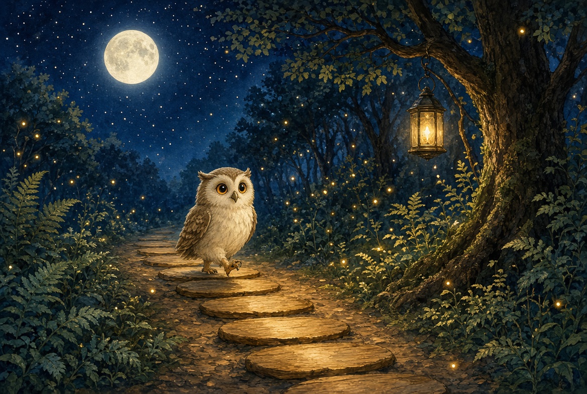 Hoot walking a moonlit path of stones